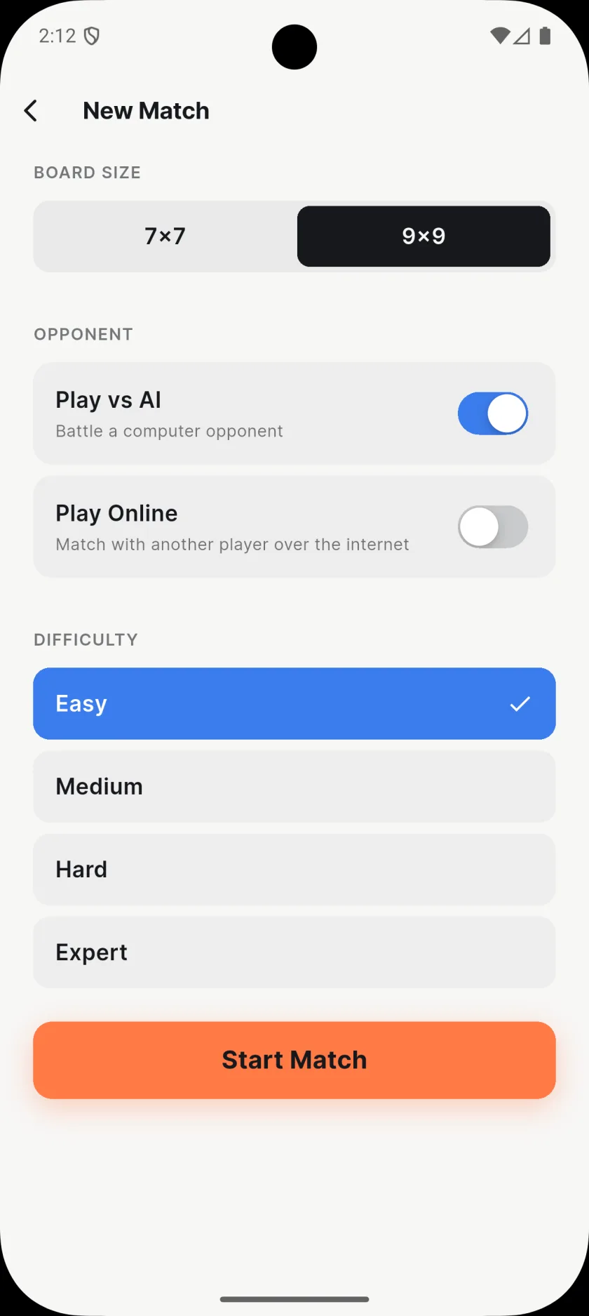 Rivallum setup screen with four AI difficulty levels and two board sizes