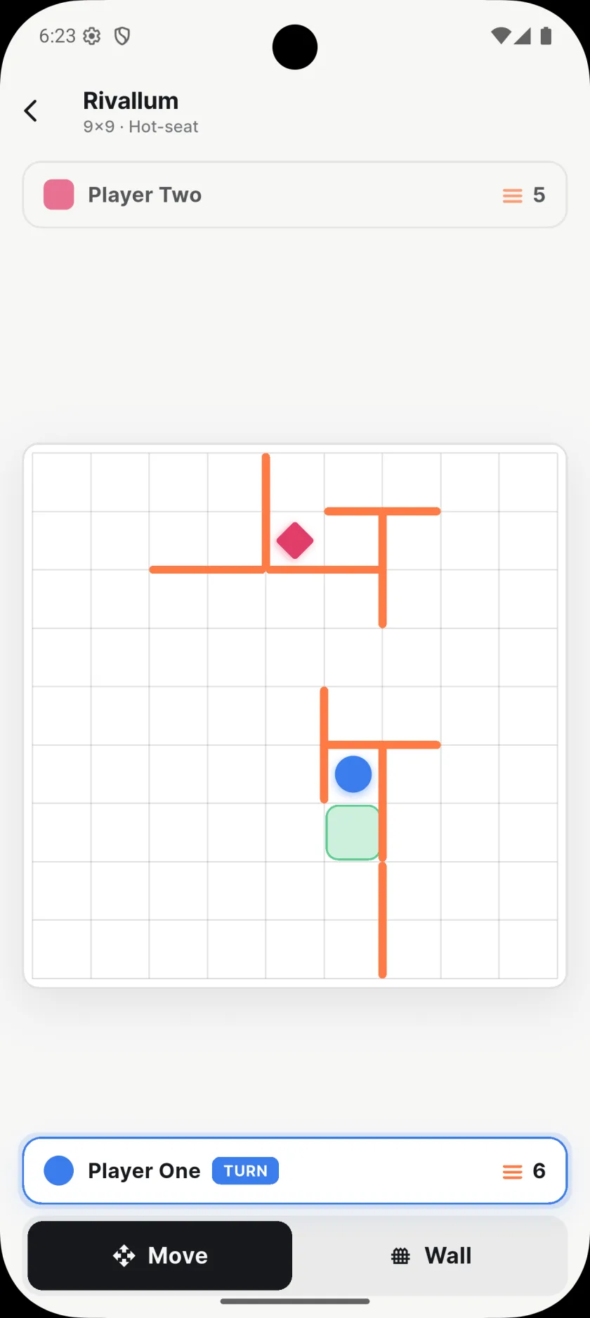 A Rivallum match showing an open route through a cluster of walls