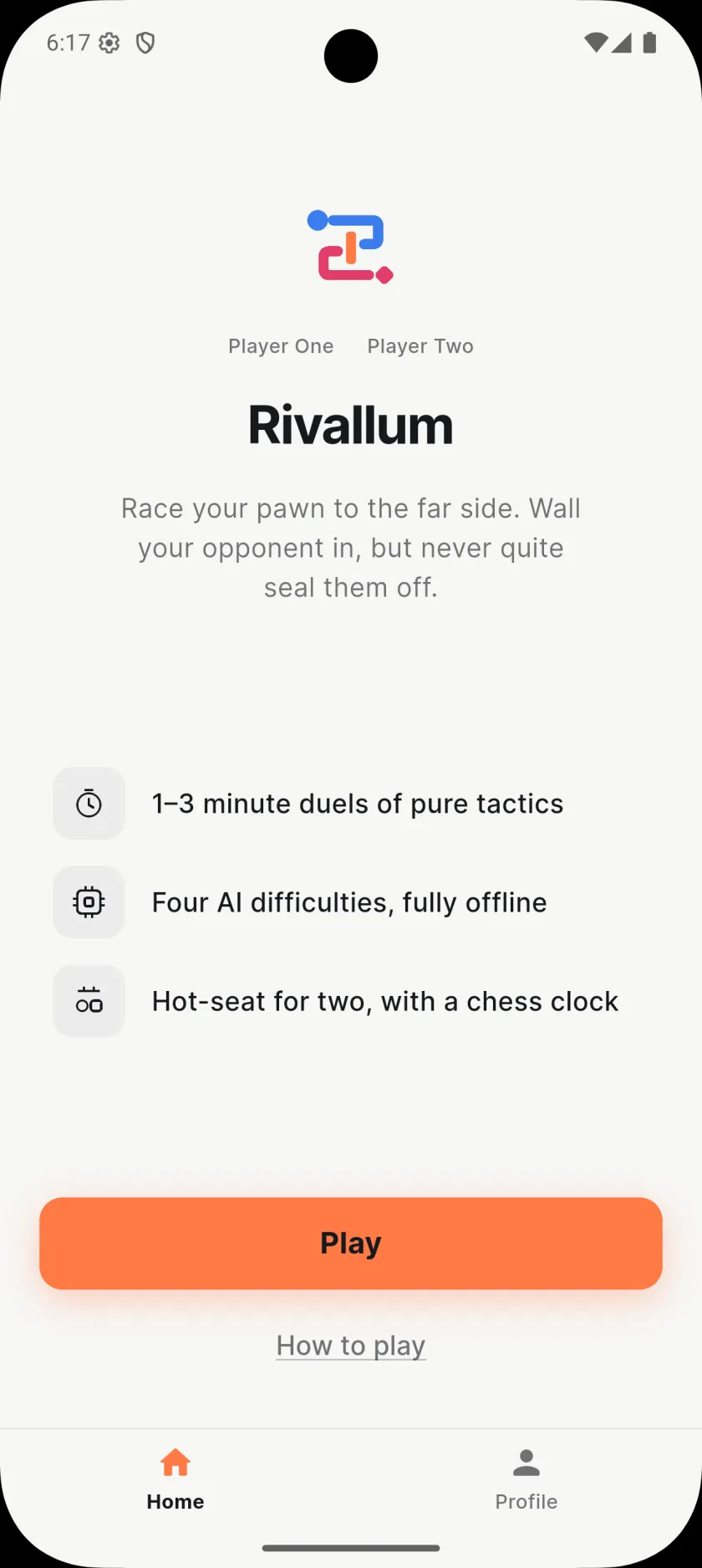 Rivallum start screen for Player One and Player Two